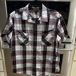 Helix Men's Red, Black, and White Plaid Shirt